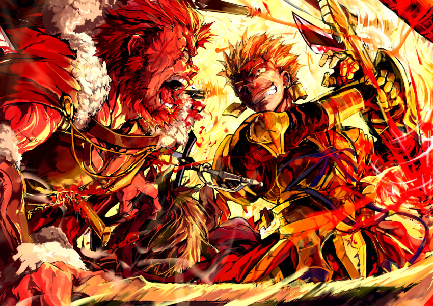 2boys armor battle beard blonde_hair blood commentary_request duel ea_(fate/stay_night) earrings facial_hair fate/zero fate_(series) gate_of_babylon_(fate) gilgamesh_(fate) impaled iskandar_(fate) jewelry male_focus multiple_boys red_eyes red_hair sword toriko_(hatoriko) weapon