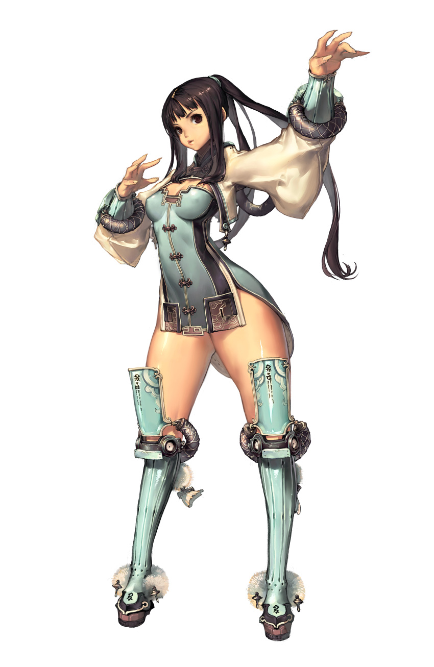 absurdres arms_up black_hair blade_&_soul boots brown_eyes female highres kim_hyung_tae legs legs_apart long_hair ponytail solo standing thick_thighs thigh_boots thighhighs thighs white_background