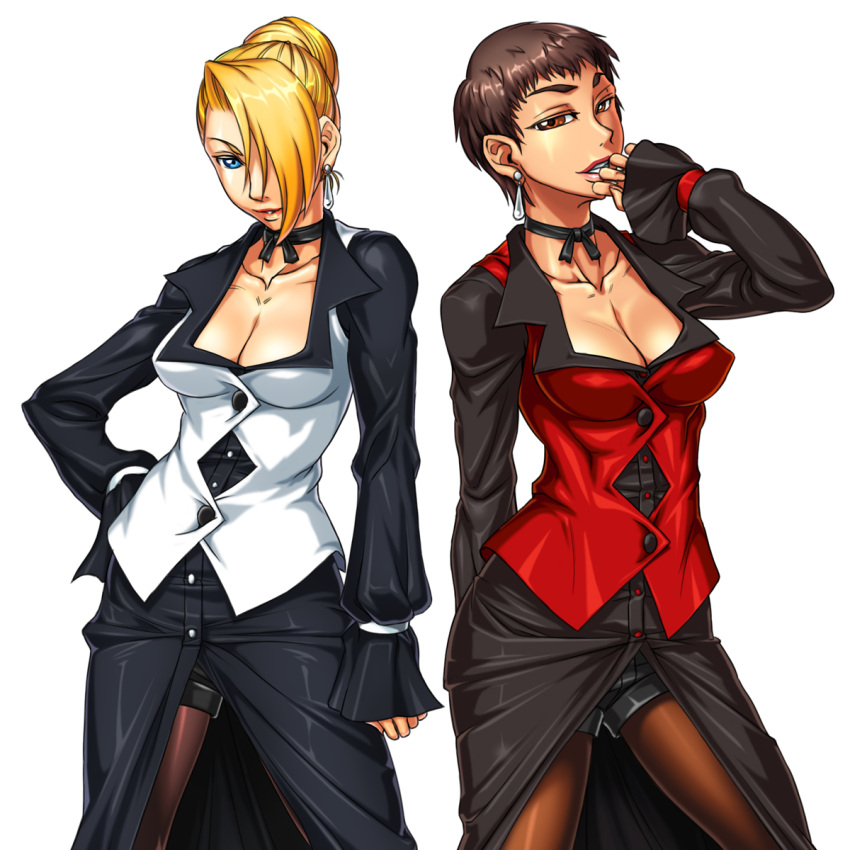 2girls aozoraichi black_shorts blonde_hair blue_eyes breasts brown_eyes brown_hair brown_pantyhose choker cleavage collarbone commentary_request cowboy_shot earrings hair_bun hair_over_one_eye highres jewelry legs_apart long_sleeves mature_(kof) medium_breasts multiple_girls pantyhose photoshop_(medium) ribbon_choker short_hair short_shorts shorts shorts_under_skirt simple_background single_hair_bun sleeves_past_wrists standing the_king_of_fighters vice_(kof) waistcoat white_background