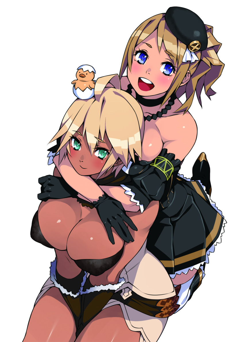 23_(real_xxiii) 2girls :d animal animal_on_head aqua_eyes arms_around_neck bare_shoulders bird blonde_hair blue_eyes blush breast_press breasts brown_hair chick cleavage collarbone commentary_request dark-skinned_female dark_skin egg elbow_gloves fantasy_earth_zero gloves green_eyes hat highres hug jewelry large_breasts looking_at_viewer multiple_girls necklace on_head open_mouth original ponytail revision sela_(23) short_hair simple_background smile thighhighs ursula_(23) v_arms white_background white_thighhighs yuri