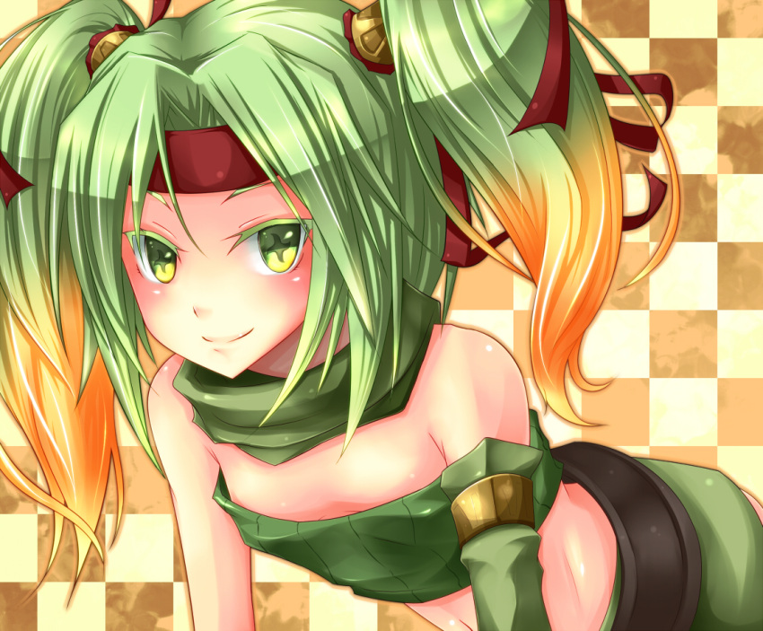 checkered_background colored_eyelashes commentary_request crop_top duel_monster female gradient_hair green_eyes green_hair hair_tubes headband long_hair looking_at_viewer multicolored_hair orange_hair reeze_whirlwind_of_gusto shintani_tsushiya smile solo symbol-shaped_pupils twintails two-tone_hair yu-gi-oh!