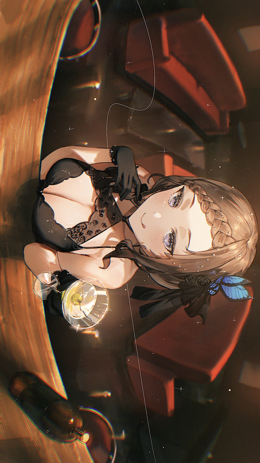 absurdres alcohol bar_(place) bar_stool black_dress black_gloves blue_eyes braid braided_bangs breasts brown_hair butterfly_hair_ornament cleavage couch cup dress drinking_glass female gloves hair_ornament highres indie_virtual_youtuber licking_lips looking_at_viewer riona_(vtuber) stool table tongue tongue_out tsukiiro virtual_youtuber wine_glass