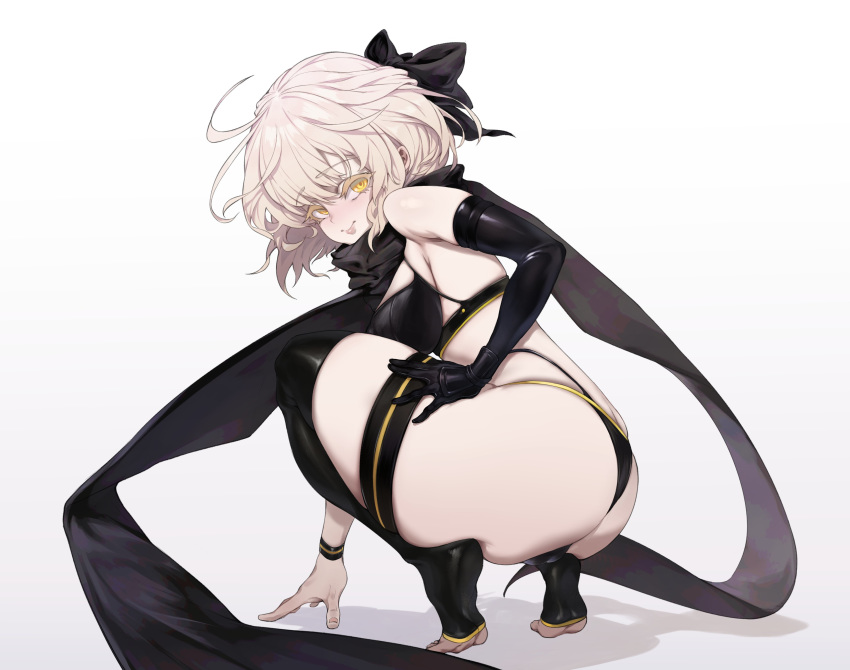 absurdres ass back bikini black_bikini black_hair black_thighhighs blonde_hair breasts commentary_request fate/grand_order fate_(series) female gloves highres kakuchou_no_ou looking_at_viewer okita_j._souji_(fate) okita_j._souji_(first_ascension)_(fate) okita_souji_(fate) scarf short_hair single_glove smile solo squatting swimsuit thighhighs tiptoes toeless_legwear yellow_eyes