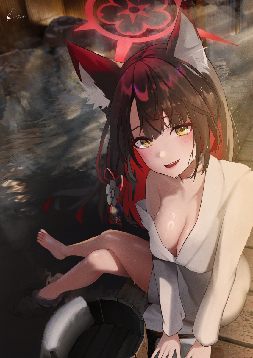 absurdres alternate_costume animal_ear_fluff animal_ears ashiyu bare_legs barefoot black_hair blue_archive blurry blurry_background blush breasts bucket cleavage colored_inner_hair commentary crossed_legs dress feet female foot_bath fox_ears halo highres large_breasts legs looking_at_viewer luenar md5_mismatch multicolored_hair onsen red_eyes refraction signature single_bare_shoulder sitting smile soaking_feet solo steam toes two-tone_hair wakamo_(blue_archive) white_dress wooden_bucket yellow_eyes