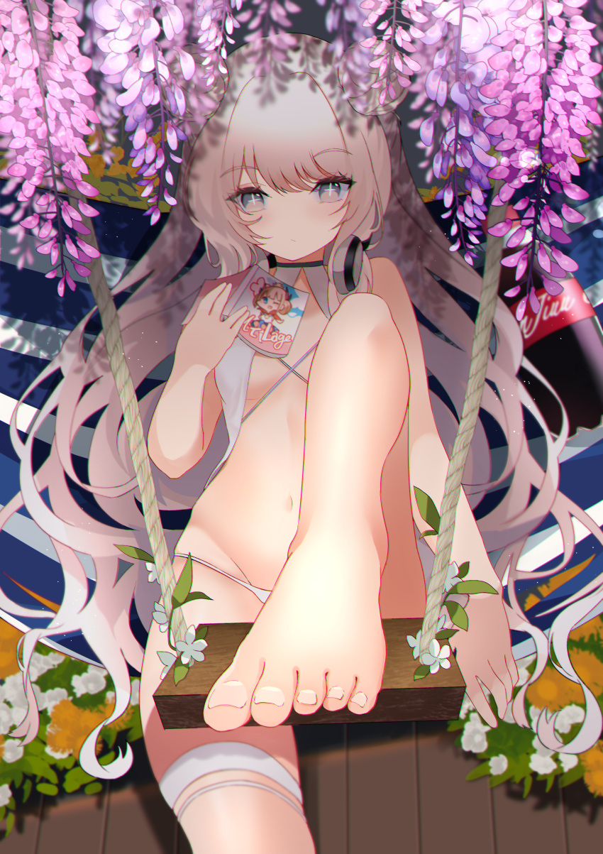 +_+ absurdres azur_lane bare_shoulders barefoot bikini blue_eyes blush book breasts double_bun feet female flower grey_hair hair_between_eyes hair_bun hammock highres holding holding_book le_malin_(azur_lane) le_malin_(mercredi_at_the_secret_base)_(azur_lane) le_triomphant_(azur_lane) long_hair looking_at_viewer navel official_alternate_costume open_book purple_flower sidelocks sitting small_breasts solo swimsuit symbol-shaped_pupils toes very_long_hair white_bikini white_flower wisteria yamaha_tsui