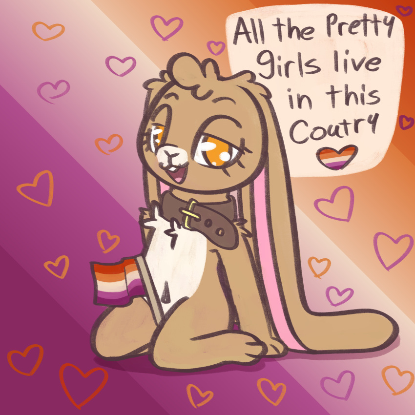 1:1 anthro belt_collar brown_body brown_fur bunnyqueen collar countershading dialogue english_text female flag flag_(object) fur gradient_background heart_symbol hi_res lagomorph leporid lesbian_pride_colors lgbt_pride long_ears mammal orange_lesbian_pride_colors pattern_background pink_inner_ear pride_color_background pride_color_flag pride_colors pride_heart rabbit simple_background sitting solo striped_background text thick_thighs translated white_body white_countershading white_fur white_snout