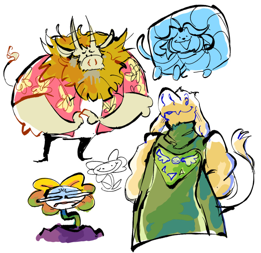 anthro asgore_dreemurr beard bovid canid canine caprine clothed clothing facial_hair felid feline flower flowey_the_flower goat group hair hi_res its3oe mammal open_mouth plant simple_background tem temmie_(undertale) toriel undertale undertale_(series) white_body