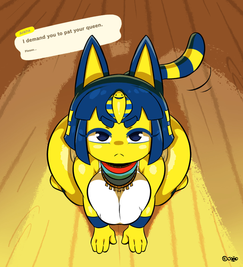 2021 animal_crossing ankha_(animal_crossing) anthro big_breasts blue_eyes blue_hair breasts clothing covered_breasts dialogue digital_media_(artwork) domestic_cat english_text felid feline felis female hair header header_box hi_res joaoppereiraus kneeling looking_at_viewer mammal markings nintendo pouting short_hair signature solo striped_markings striped_tail stripes tail tail_markings talking_to_viewer text text_header thick_thighs uraeus