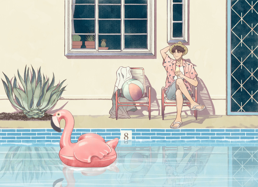 1boy absurdres agave ball beachball brown_hair chair crossed_legs cup day drinking_glass furuya01boy hand_on_headwear hat hawaiian_shirt highres hurricane_glass inflatable_flamingo inflatable_toy looking_away lounge_chair male_focus original outdoors pink_shirt plant pool poolside potted_plant reflection sandals scenery shirt shorts sitting straw_hat water white_shirt wide_shot window