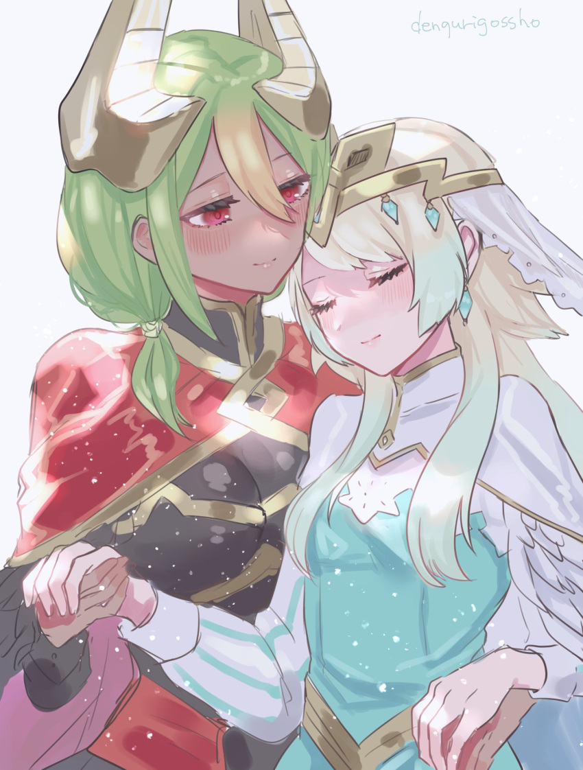 2girls alternate_costume alternate_hair_length alternate_hairstyle artist_name blonde_hair blue_hair closed_eyes closed_mouth crown dark-skinned_female dark_skin earrings fire_emblem fire_emblem_heroes fjorm_(fire_emblem) gradient_hair green_hair highres holding_hands horns jewelry laegjarn_(fire_emblem) long_hair long_sleeves multicolored_hair multiple_girls red_eyes sakuramotikun simple_background white_background yuri