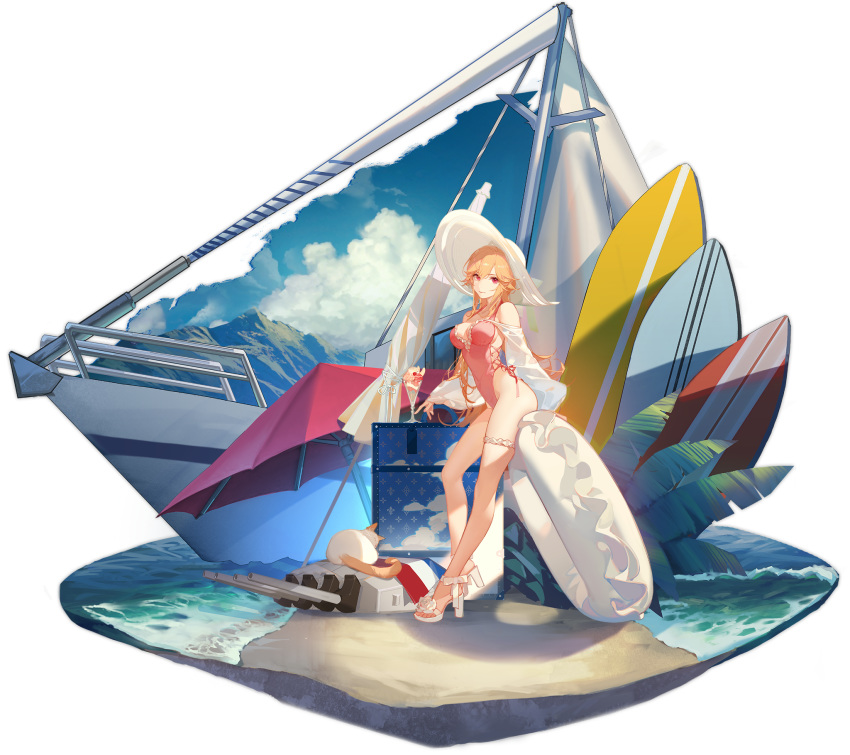 animal ask_(askzy) azur_lane bare_legs bare_shoulders beach beach_umbrella blue_sky boat breasts bridal_garter cleavage closed_mouth cloud cloudy_sky cross-laced_clothes cross-laced_one-piece_swimsuit day detached_sleeves feline female food frilled_one-piece_swimsuit frills from_side fruit full_body hair_between_eyes hair_ornament halterneck hat high_heels highleg highleg_swimsuit highres holding innertube jacket large_breasts leaning_forward legs long_hair long_legs long_sleeves looking_at_viewer machinery ocean official_alternate_costume official_art one-piece_swimsuit orange_hair outdoors palm_leaf parfait pink_one-piece_swimsuit plant red_eyes richelieu_(azur_lane) richelieu_(fleuron_of_the_waves)_(azur_lane) sailboat sand see-through shadow shoes sidelocks sky smile solo standing sun_hat surfboard swim_ring swimsuit thigh_strap thighs transparent_background turret umbrella very_long_hair water watercraft waves white_cat white_footwear white_hat white_jacket