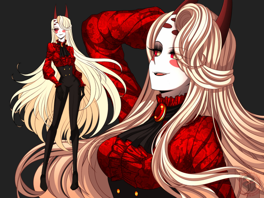 big_hair blonde_hair breasts charlie_magne cneko-chan colored_sclera demon demon_girl demon_horns eyebrows_visible_through_hair eyes_visible_through_hair female hazbin_hotel hell horns jacket long_hair looking_at_viewer one_eye_covered pale_skin queen red_fur red_horns red_sclera tuxedo yellow_eyes