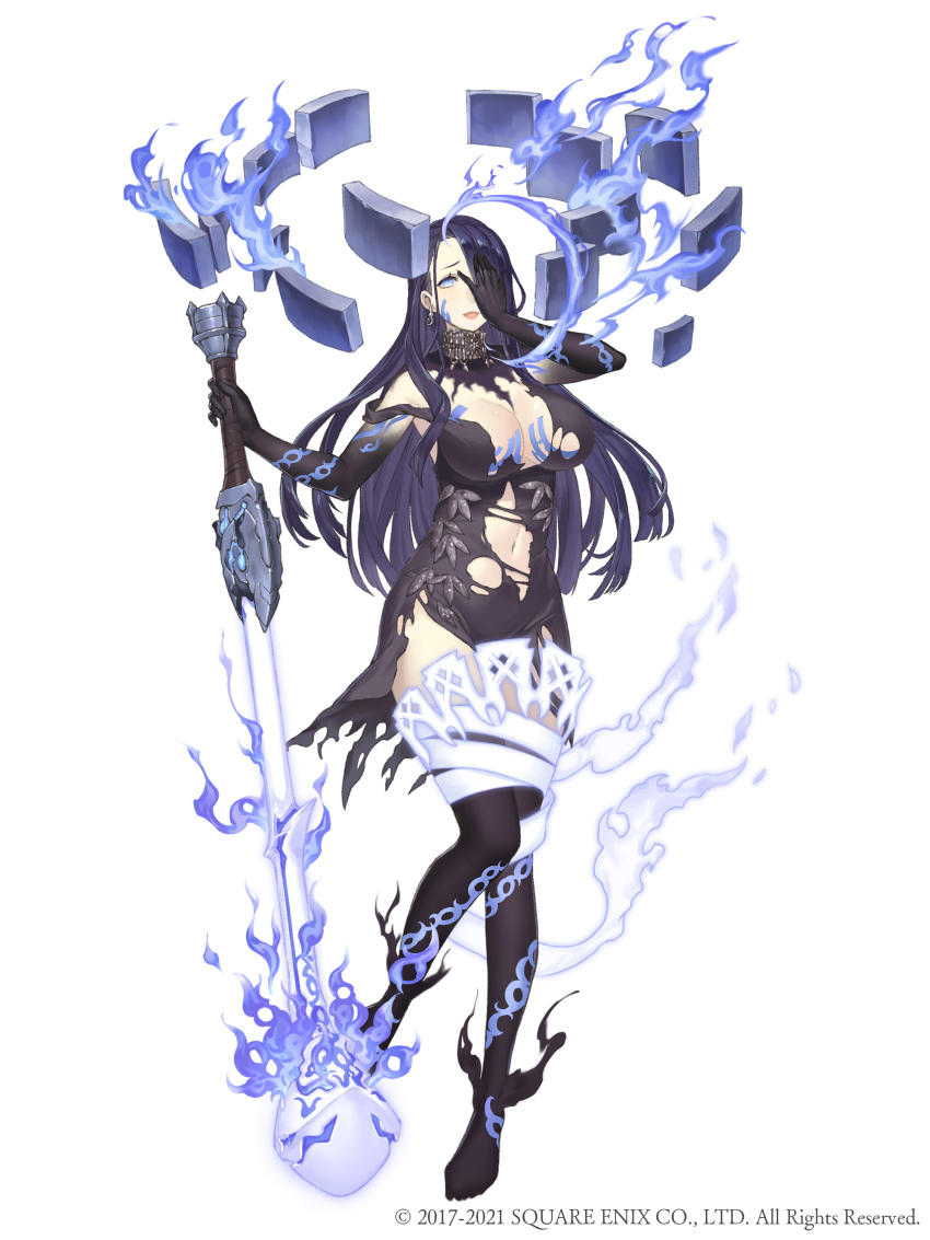 absurdres barefoot black_dress black_skin blue_eyes blue_hair breasts choker colored_skin corruption dark_blue_hair dress earrings empty_eyes female full_body gradient_skin hair_over_one_eye half-nightmare hand_over_eye highres jewelry ji_no kaguya_(sinoalice) large_breasts long_hair looking_at_viewer navel official_art pale_skin reality_arc_(sinoalice) sinoalice solo square_enix tattoo torn_clothes torn_dress white_background