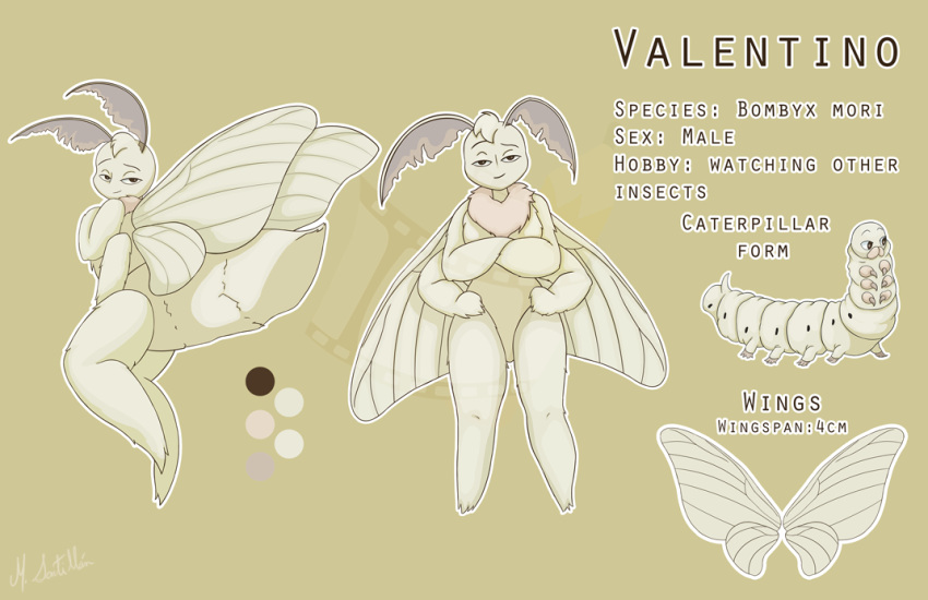 antennae_(anatomy) anthro arthropod caterpillar english_text flashquatsch insect_wings insects larva lepidopteran lepidopteran_wings male model_sheet moth scientific_name solo text valentino_(flashquatsch) wings