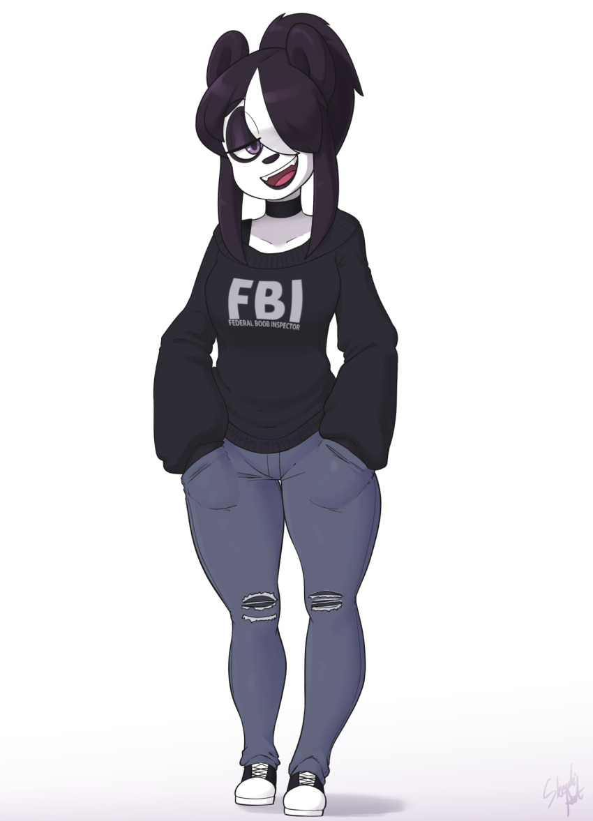 2018 anthro bear black_eyeshadow choker clothing eyeshadow fbi female giant_panda hair hair_over_eye hand_in_pocket hands_in_both_pockets hi_res jewelry makeup mammal necklace one_eye_obstructed open_mouth open_smile pockets purple_eyes skecchiart smile solo sweater text text_on_clothing text_on_sweater text_on_topwear topwear vivian_vivi