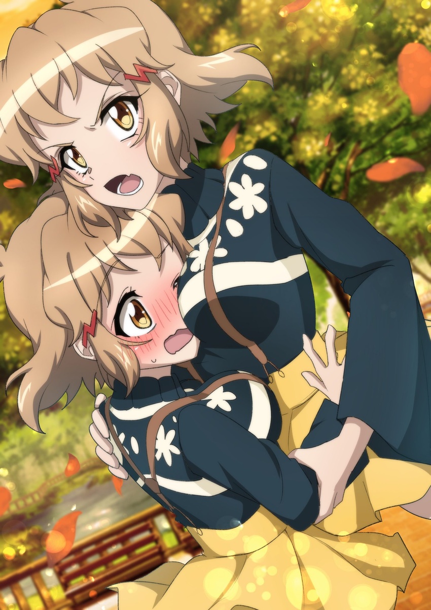 2girls blonde_hair blush breast_smother breasts brown_eyes commentary_request dual_persona face_to_breasts hair_ornament highres hug large_breasts looking_at_viewer multiple_girls oerba_yun_fang open_mouth outdoors petals selfcest senki_zesshou_symphogear shiny_skin short_hair sweater tachibana_hibiki_(symphogear) tachibana_hibiki_(symphogear)_(another) tree yukitsuba_hina yuri