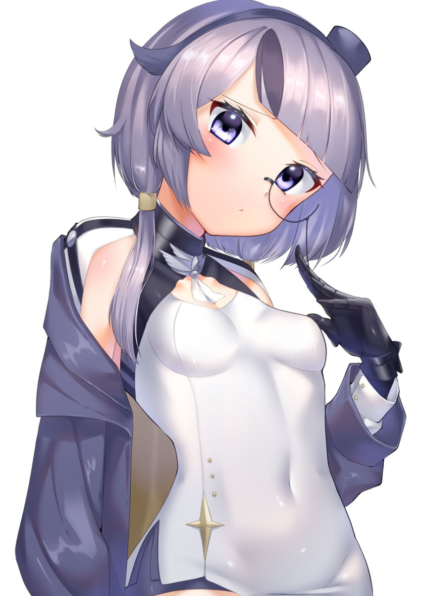 armored_collar azur_lane bearn_(azur_lane) blush breasts cloak cuffs eyelashes female gloves grey_hair hairband highres long_sleeves looking_at_viewer monocle navel purple_eyes ribbon seele0907 short_hair skin_tight small_breasts solo twintails