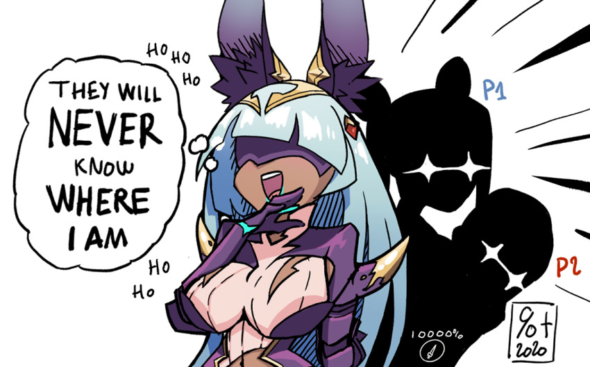 +_+ 1other 2girls animal_ear_fluff animal_ears blue_hair blue_lips ciella covered_navel dark-skinned_female dark_skin dragalia_lost english_text fake_animal_ears gameplay_mechanics laughing lin_you long_hair multiple_girls percentplus signature sparkle teeth thought_bubble tongue upper_teeth_only