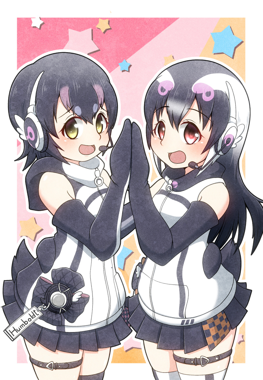 2girls african_penguin_(kemono_friends) black_gloves black_hair doughnut eating food gloves hachikuji_kenuta highres humboldt_penguin_(kemono_friends) kemono_friends kemono_friends_v_project long_hair looking_at_viewer microphone multicolored_hair multiple_girls shirt short_hair simple_background skirt smile virtual_youtuber white_shirt yellow_eyes