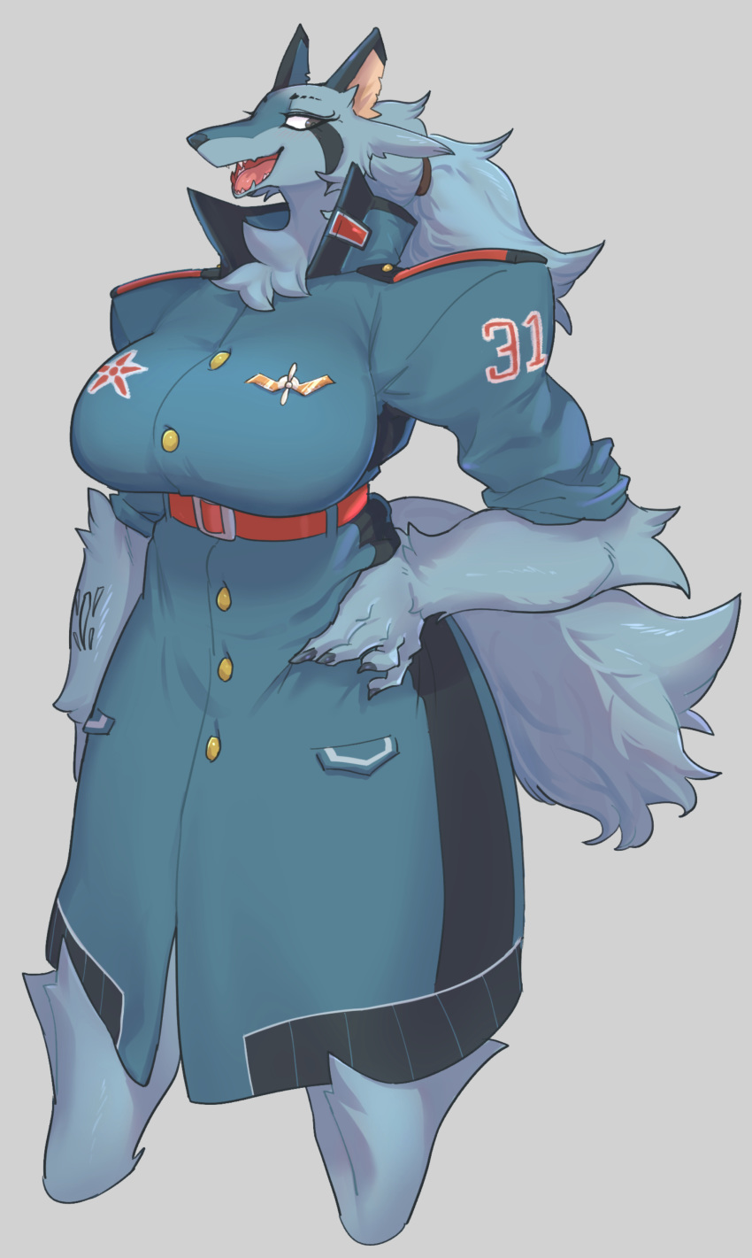 2020 absurd_res anthro arm_tuft belt breasts canid canine clothed clothing countershading digital_media_(artwork) elbow_tuft female fur fur_tuft grey_background grey_body grey_fur hi_res mammal mig-25 mig_25_(hideki_kaneda) notched_ear open_mouth pink_tongue shaded simple_background solo sususuigi tongue tuft wrist_tuft