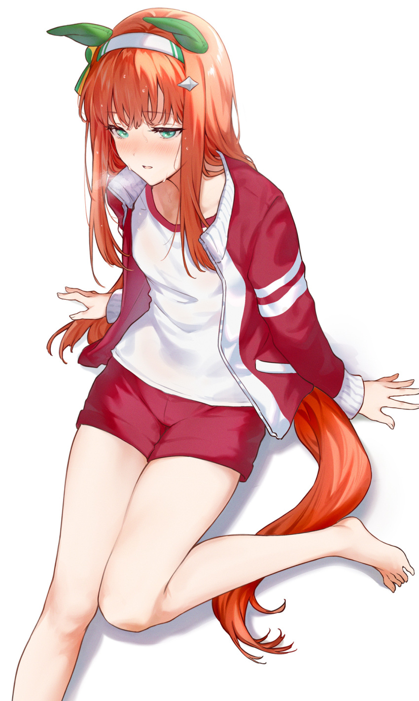 animal_ears barefoot commentary female green_eyes gym_shirt gym_shorts gym_uniform highres horse_ears horse_girl horse_tail jacket long_hair long_sleeves looking_at_viewer open_clothes open_jacket orange_hair red_jacket red_shorts saboten shirt shorts silence_suzuka_(umamusume) simple_background solo sweat tail thighs track_jacket umamusume white_background