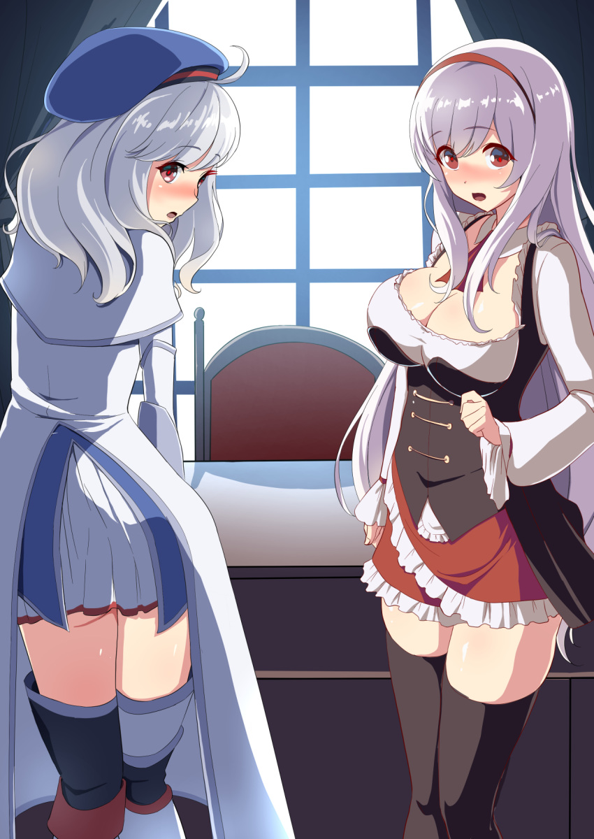 2girls ahoge alicia_(sennen_sensou_aigis) anna_(sennen_sensou_aigis) beret black_legwear blush dress grey_hair hairband hat highres looking_at_viewer multiple_girls open_mouth pinafore_dress red_eyes sakamata_(sakamata4) sennen_sensou_aigis siblings sisters skirt sleeveless sleeveless_dress smile surprised thighhighs