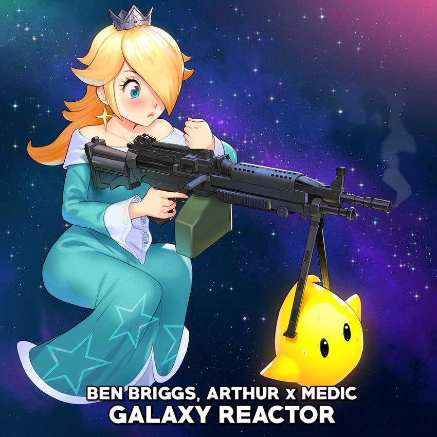 bare_shoulders blonde_hair blue_dress blue_eyes blush commentary crown dress earrings english_commentary english_text female galaxy_background gun hair_over_one_eye highres holding holding_gun holding_weapon jewelry light_machine_gun long_dress long_hair long_sleeves luma_(mario) m249 machine_gun mario_(series) mleth off-shoulder_dress off_shoulder rosalina smoke smoking_barrel star_(sky) star_(symbol) star_earrings star_print super_mario_galaxy weapon