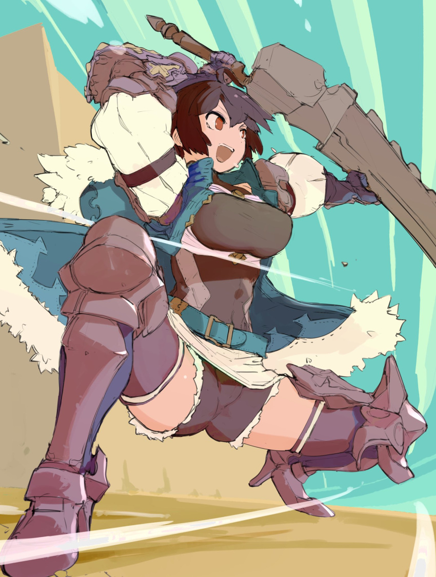 :d armor belt black_hair breasts celliera dragalia_lost female full_body gauntlets gloves high_heels highres holding holding_weapon medium_breasts nikukaiq red_eyes short_hair shorts smile solo squatting sword thighhighs weapon