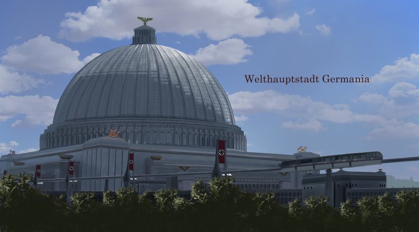 3d absurdres aerial_tram alternate_universe bad_end berlin building cityscape cloud commentary dome german_commentary german_text germany highres lights nazi nazi_flag neo_(neo_millennium) no_humans outdoors pillar realistic reichsadler scenery science_fiction swastika the_man_in_the_high_castle train tree victory volkshalle world_war_ii