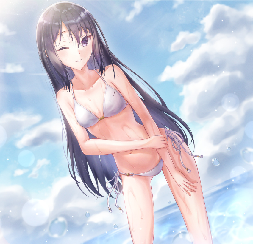 bad_id bad_pixiv_id bikini black_hair blue_sky breasts cleavage cloud collarbone commentary_request day dutch_angle female grin hair_between_eyes halterneck highres leaning_forward long_hair looking_at_viewer narrow_waist navel ocean one_eye_closed outdoors princess_connect! purple_eyes rei_(princess_connect!) rei_(real)_(princess_connect!) side-tie_bikini_bottom sky small_breasts smile solo standing straight_hair string_bikini swimsuit very_long_hair white_bikini yonji_jukugo