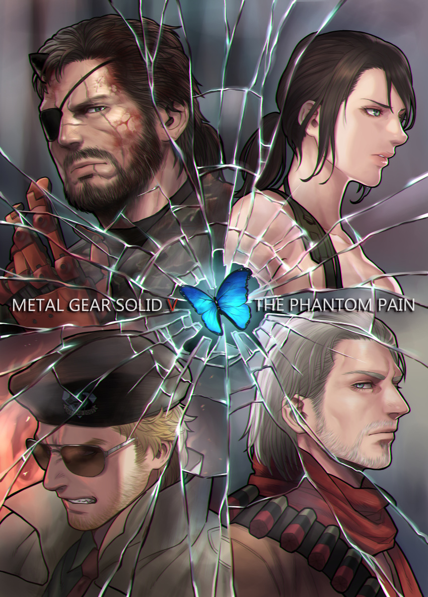 3boys absurdres bandolier beard beret blonde_hair blue_butterfly blue_eyes breasts broken_glass brown_hair bug butterfly chromatic_aberration commentary_request copyright_name eyepatch facial_hair female fire glass grey_eyes grey_hair hat highres horns kazuhira_miller lunarclinic mature_male mechanical_arms medium_hair metal_gear_(series) metal_gear_solid_v:_the_phantom_pain multiple_boys parted_lips ponytail prosthesis prosthetic_arm quiet_(metal_gear) red_scarf revolver_ocelot scar scar_across_eye scar_on_cheek scar_on_face scarf shattered short_hair single_horn single_mechanical_arm sunglasses venom_snake