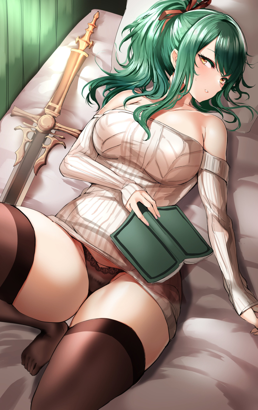 absurdres agetama bare_shoulders bed bed_sheet black_legwear black_panties book feet female granblue_fantasy green_hair herja highres knee_up legs_together looking_at_viewer lying off-shoulder_sweater off_shoulder on_back panties ponytail sweater sword thick_thighs thighhighs thighs underwear weapon yellow_eyes