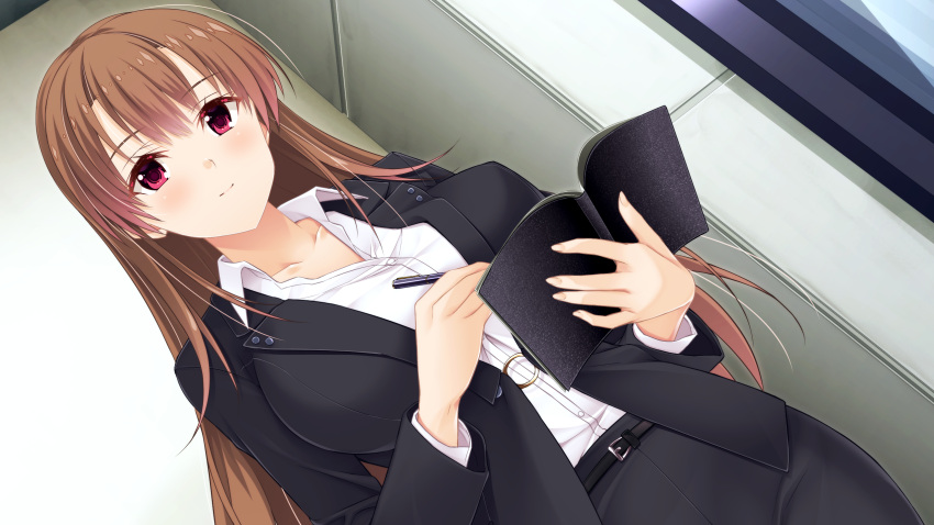 black_jacket breasts brown_hair closed_mouth collarbone collared_shirt dress_shirt dutch_angle female game_cg hair_between_eyes highres holding holding_pen indoors jacket large_breasts long_hair long_sleeves looking_at_viewer office_lady open_clothes open_jacket pen red_eyes shirt simon_(n.s_craft) smile solo standing straight_hair toriko_no_shimai_~midara_ni_moteasobareru_unmei_no_mayoigo~ very_long_hair white_shirt wing_collar yurimoto_yuna