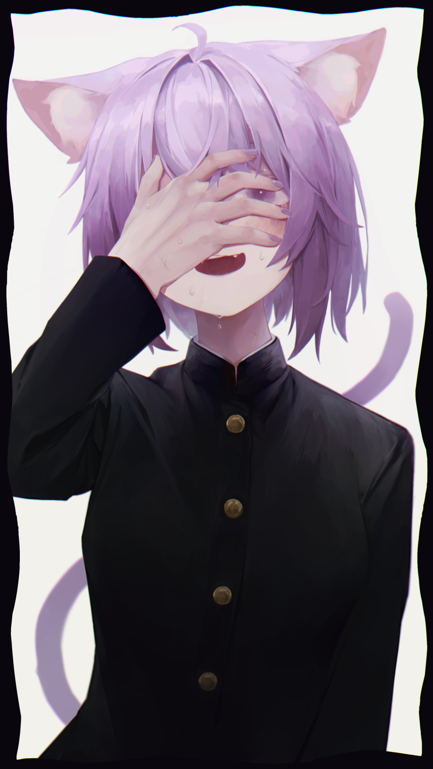 :d absurdres ahoge alternate_costume animal_ear_fluff animal_ears black_shirt buttons cat_ears cat_girl cat_tail covering_own_eyes fangs female gakuran hand_on_own_face highres hololive long_sleeves looking_at_viewer nail_polish nanome_to nekomata_okayu peeking_through_fingers purple_eyes purple_hair purple_nails school_uniform shirt short_hair smile solo sweat tail tail_raised upper_body virtual_youtuber