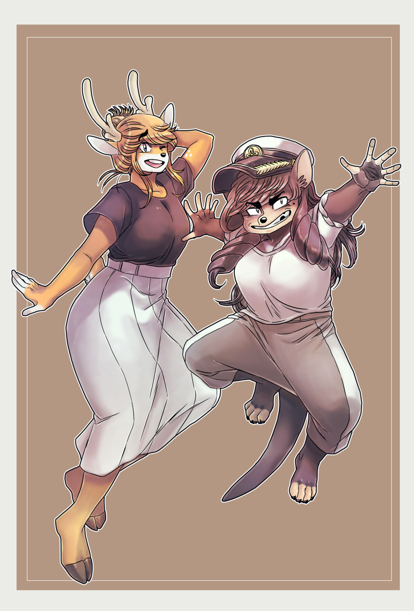 absurd_res anthro asako_(ryonggay) black_body black_fur bom_(ryonggay) bottomwear captain_hat clothed clothing dasyurid dasyuromorph deer digital_media_(artwork) duo female female/female fully_clothed fur hair hair_bun hi_res horn jumping long_hair mammal markings marsupial mole_(marking) one_eye_closed orange_body orange_fur ryonggay shaded skirt tasmanian_devil twin_drills wink