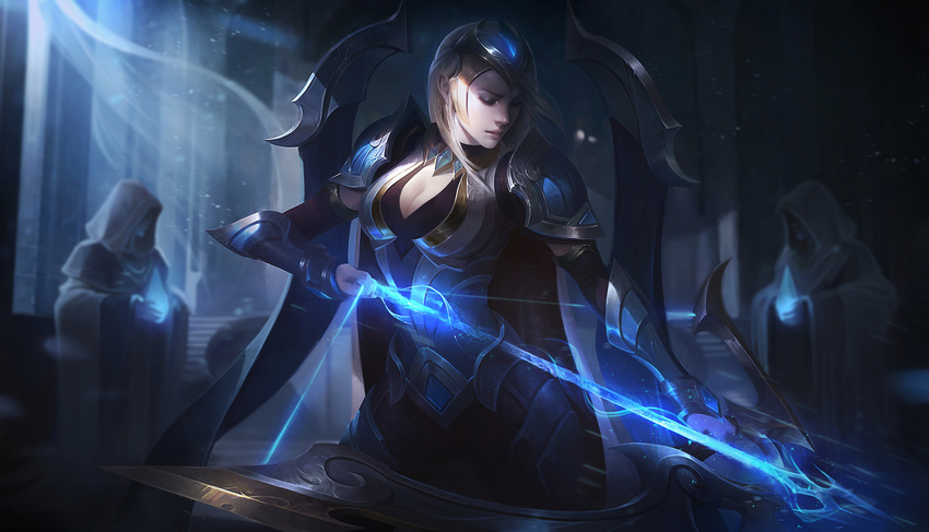 armor arrow ashe_(league_of_legends) blonde_hair blurry bow_(weapon) breasts championship_ashe cleavage cloak closed_mouth commentary curtains depth_of_field drawing_bow glowing_arrow headpiece highres holding indoors jem_flores large_breasts league_of_legends long_hair moonlight night official_art profile stairs standing weapon