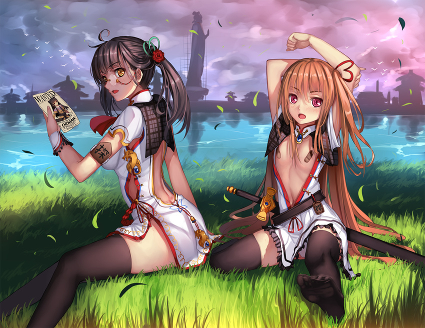 2girls ac_xsk bandaid black_hair brown_eyes dress flat_chest glasses grass kaku-san-sei_million_arthur orange_hair pink_eyes ribbons sword thighhighs water weapon