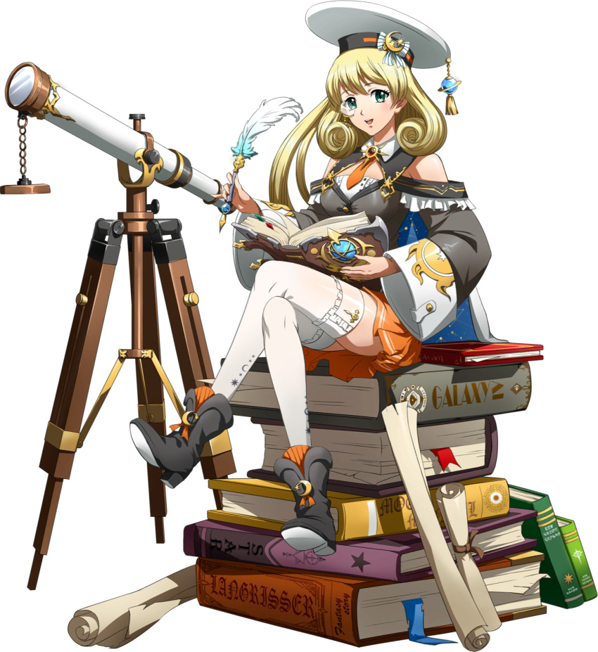 :d asymmetrical_hair black_footwear blonde_hair crossed_legs detached_collar female full_body green_eyes hat highres holding langrisser langrisser_iv long_hair long_sleeves looking_at_viewer miniskirt monocle necktie official_art orange_necktie orange_skirt pleated_skirt rachel_(langrisser) shiny_clothes shiny_legwear short_necktie sitting skirt smile solo telescope thighhighs third-party_source transparent_background very_long_hair white_hat white_thighhighs wide_sleeves zettai_ryouiki