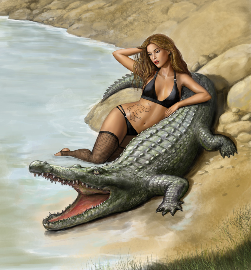 absurd_res ambiguous_gender breasts brown_eyes brown_hair clothing crocodile crocodilian crocodylid dashinvaine duo female feral fishnet_clothing fishnet_legwear footwear grass hair hand_on_head hi_res human human_focus leaning_on_another legwear lips mammal nature open_mouth outside partially_submerged pinup plant pose red_lips relaxing reptile river riverside sand scales scalie scaly_tail seductive socks stockings swimwear tail tattoo teeth toeless_footwear toeless_socks water wavy_hair wet wet_feet wet_legs