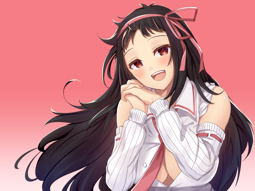 absurdres ayame_(senran_kagura) black_hair blush breasts cleavage female hair_ribbon highres large_breasts lemonrou long_hair looking_at_viewer necktie open_clothes open_mouth open_shirt red_eyes ribbon senran_kagura senran_kagura_estival_versus senran_kagura_new_wave senran_kagura_shinovi_versus simple_background smile solo