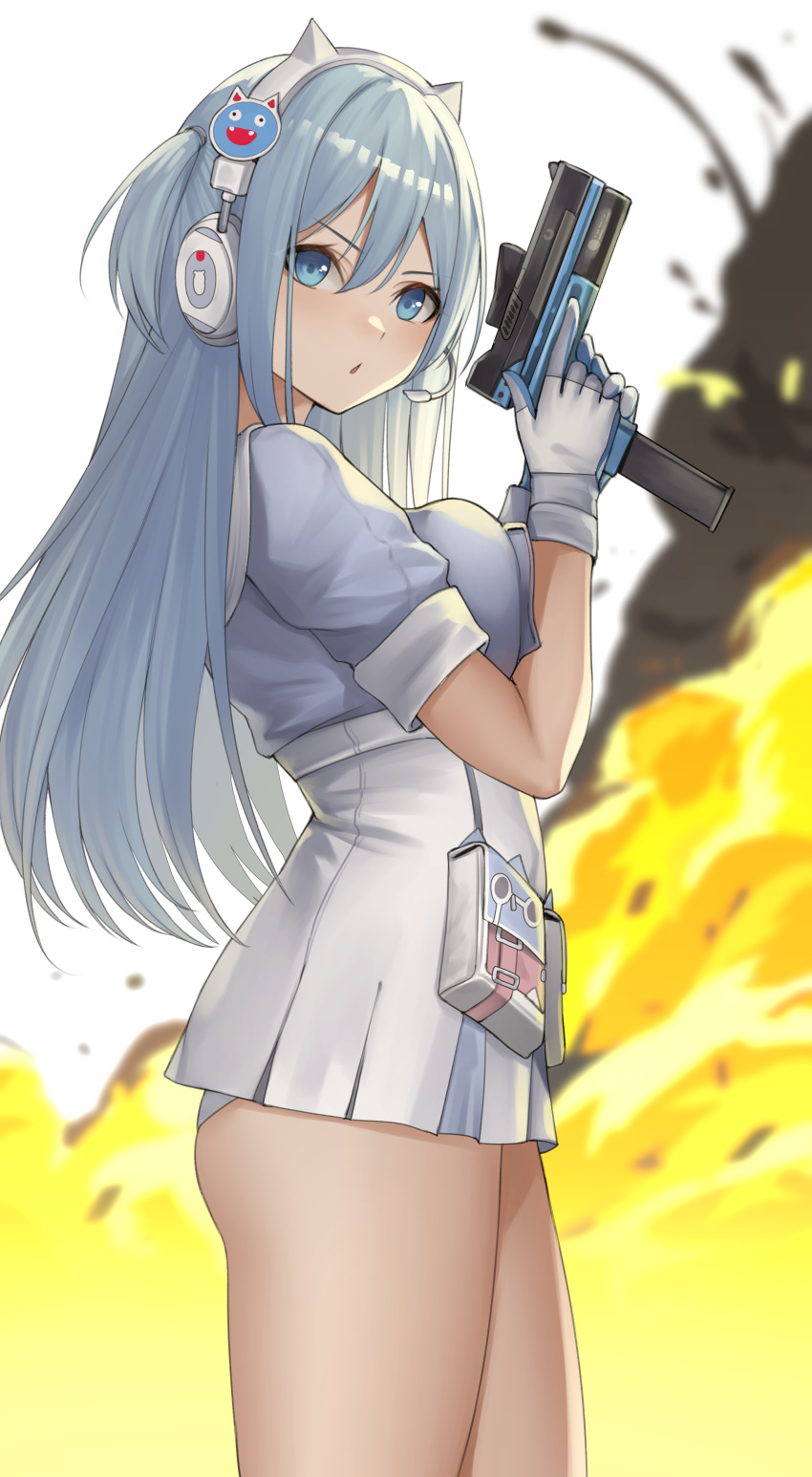 absurdres animal_ear_headphones animal_ears ass blue_eyes blue_hair blue_shirt breasts collared_dress commentary dress explosion fake_animal_ears female goddess_of_victory:_nikke gun hair_between_eyes headphones headset highres holding holding_gun holding_weapon kurone_rinka long_hair looking_at_viewer md5_mismatch medium_breasts panties pantyshot parted_lips pouch sailor_collar shifty_(nikke) shirt short_sidetail short_sleeves sidelocks skirt solo standing underwear weapon white_dress white_sailor_collar