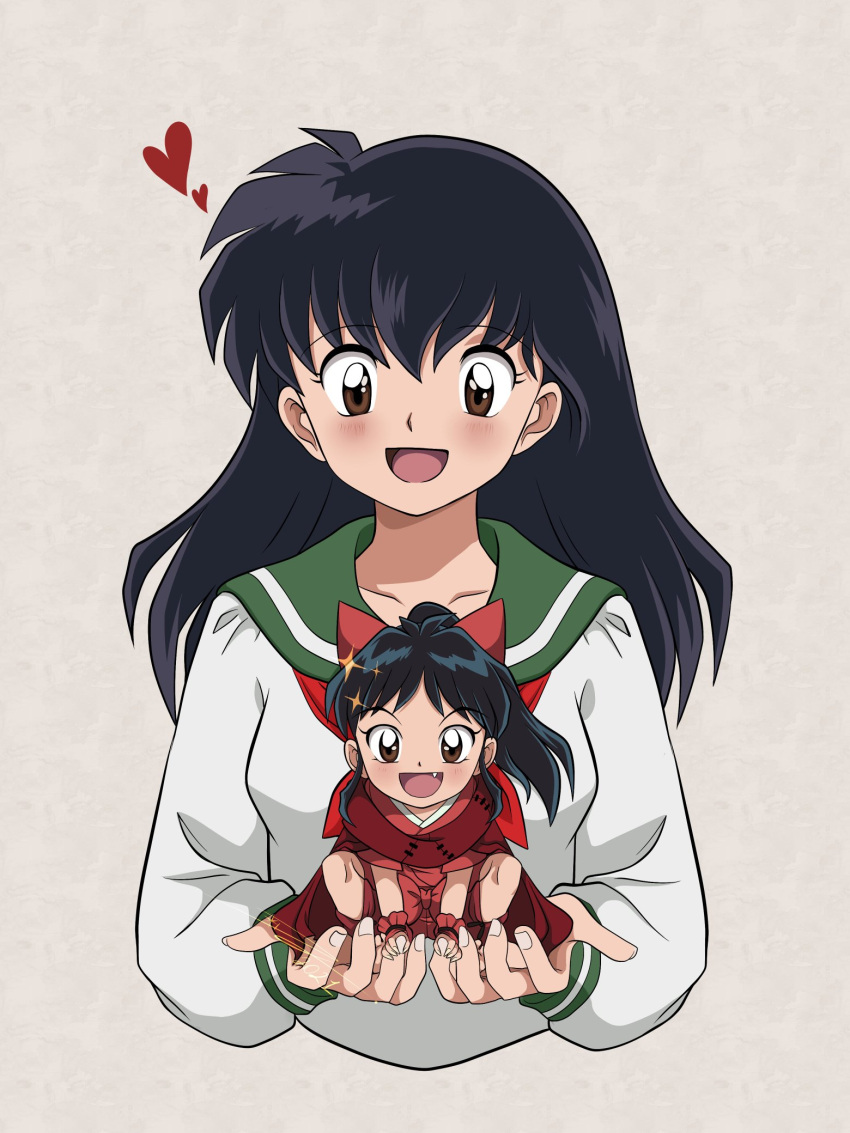 2girls :d black_hair blush bow brown_eyes cape chandllucky chibi green_sailor_collar hair_between_eyes hairbow han'you_no_yashahime heart highres higurashi_kagome holding inuyasha long_hair long_sleeves moroha mother_and_daughter multiple_girls oerba_yun_fang open_mouth ponytail red_bow red_cape red_shirt sailor_collar sailor_shirt school_uniform shirt smile white_shirt