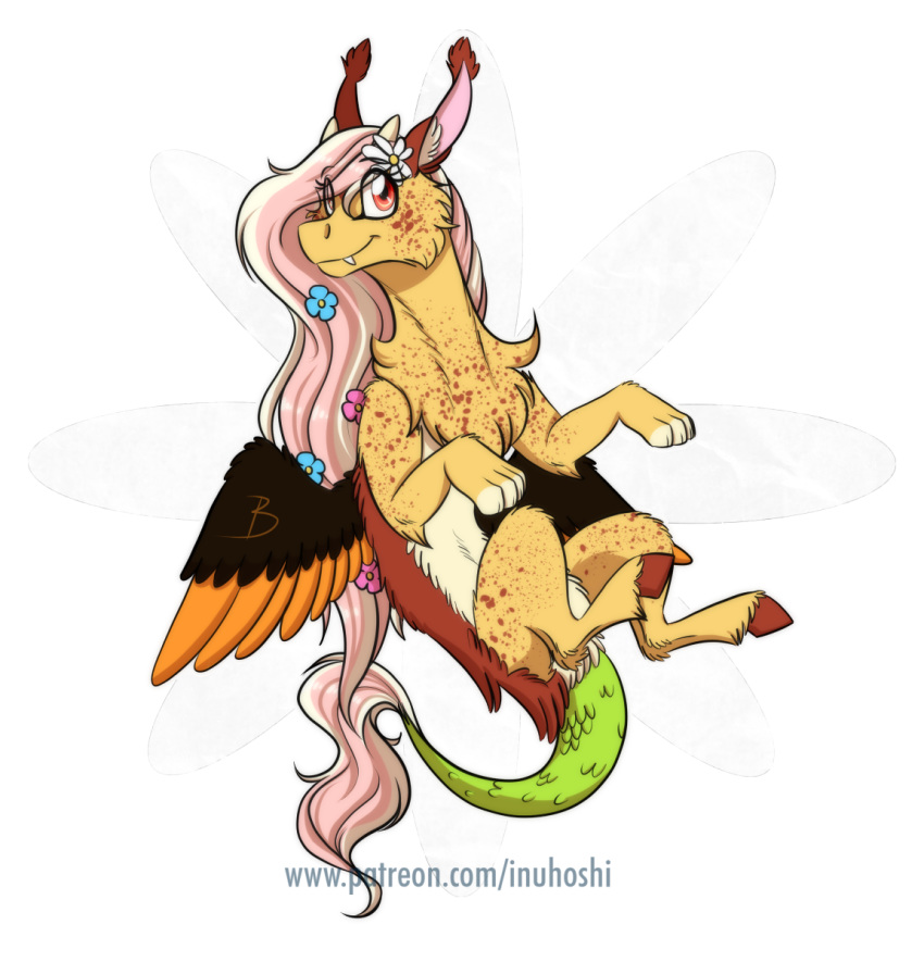 accessory alpha_channel chimera draconequus fan_character fangs female flower flower_in_hair hair hair_accessory hasbro hi_res hooves inuhoshi-to-darkpen my_little_pony paws pink_hair plant red_eyes serenity_(inuhoshi) solo teeth text url wings