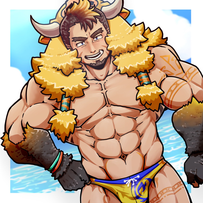 1boy abs animal_hood bara boar_boy boar_hood body_fur brown_hair bulge cowboy_shot gullinbursti_(housamo) highres hood large_pectorals long_sideburns looking_at_viewer male_focus male_swimwear mature_male muscular muscular_male navel nipples oerba_yun_fang pectorals short_hair sideburns solo stomach strongman_waist swim_briefs tanaka_no_azumi thick_eyebrows tokyo_afterschool_summoners topless_male yellow_male_swimwear