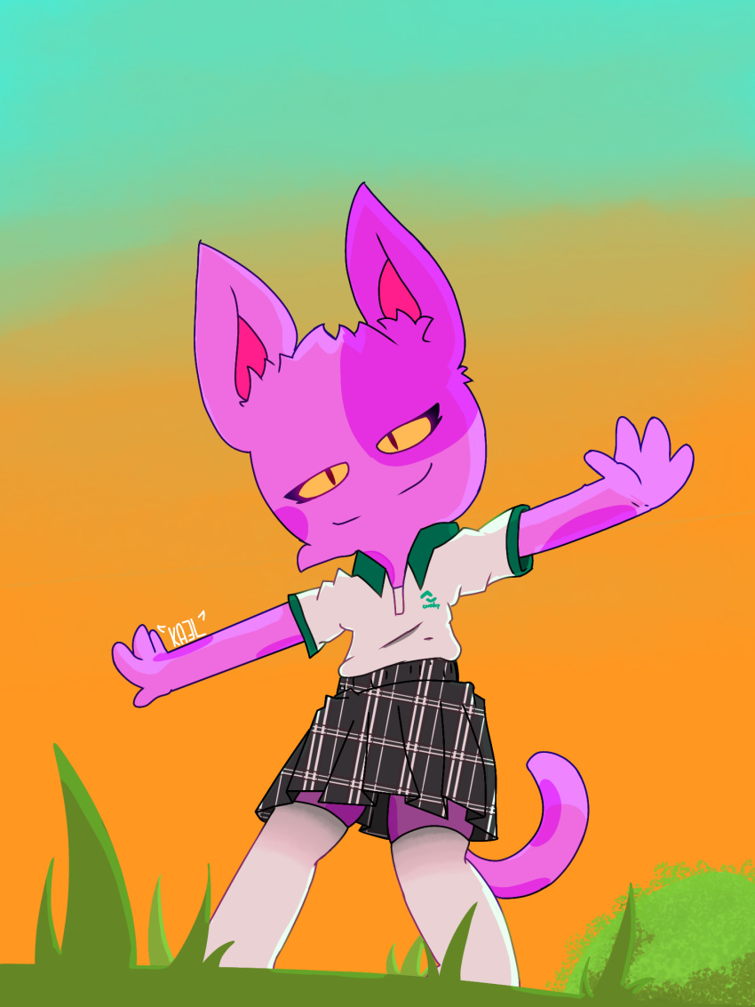 3:4 animal_crossing anthro bob_(animal_crossing) clothing conalep digital_media_(artwork) domestic_cat felid feline felis femboy hi_res kaelba male mammal narrow_tail nintendo smile solo tail thin_tail uniform