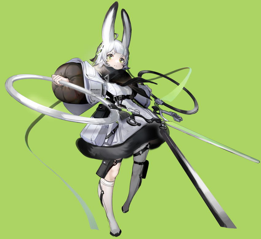 absurdres ahoge animal_ears asymmetrical_legwear bad_id bad_pixiv_id commentary fantasy female full_body fur green_eyes highres looking_at_viewer medium_hair original pale_skin rabbit_ears scarf scissors shokuen_(oxstl) simple_background solo thigh_strap white_hair