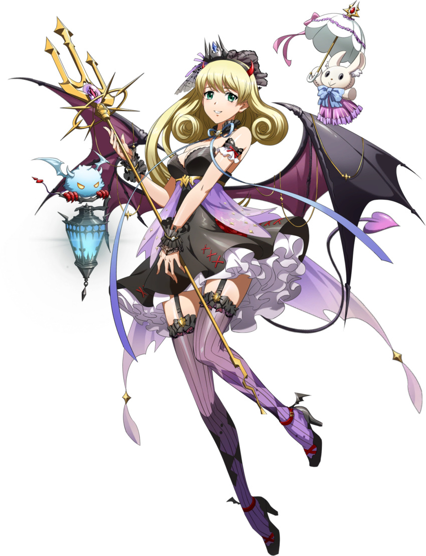 black_dress black_hairband black_wings blonde_hair breasts cleavage demon_tail demon_wings dress fake_horns female full_body garter_straps green_eyes grin hairband high_heels highres holding holding_weapon horns langrisser langrisser_iv lantern layered_dress long_hair looking_at_viewer medium_breasts official_art pumps purple_thighhighs rachel_(langrisser) short_dress sleeveless sleeveless_dress smile solo striped_clothes striped_thighhighs stuffed_animal stuffed_rabbit stuffed_toy tail thighhighs third-party_source transparent_background umbrella vertical-striped_clothes vertical-striped_thighhighs very_long_hair weapon white_umbrella wings wrist_cuffs zettai_ryouiki