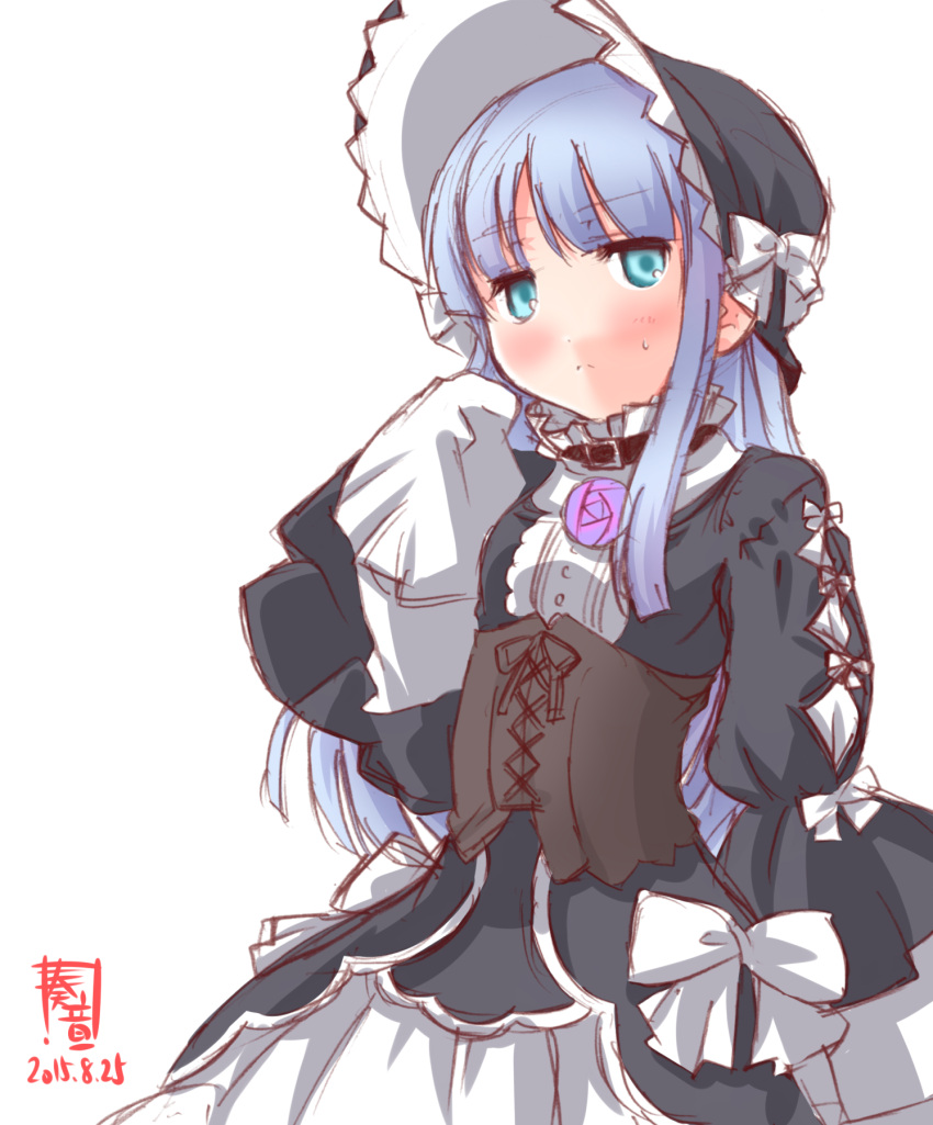 alternate_costume artist_logo black_dress blue_eyes blue_hair collared_dress cowboy_shot dated dress embarrassed female flower frilled_dress frilled_sleeves frills gothic_lolita hairband hatsukaze_(kancolle) headdress highres hime_cut kanon_(kurogane_knights) kantai_collection lolita_fashion lolita_hairband long_hair long_sleeves looking_at_viewer purple_flower purple_rose ribbon rose signature simple_background skirt sleeves_past_wrists solo white_background white_ribbon white_skirt