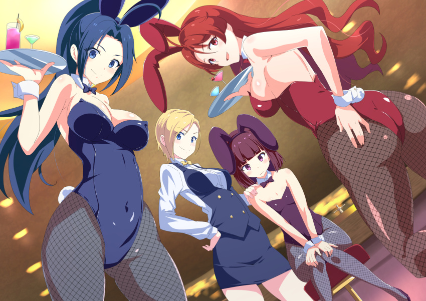 4girls animal_ears ass asymmetrical_bangs back bar_(place) black_legwear blonde_hair blue_eyes blue_hair blue_leotard blue_neckwear blue_vest blunt_bangs blunt_ends bob_cut bow bowtie breasts closed_mouth cocktail cocktail_glass collar commentary covered_navel cup detached_collar dress_shirt drinking_glass dutch_angle fake_animal_ears fake_tail fishnet_pantyhose fishnets formal from_behind frown grey_legwear hand_on_own_ass hand_on_own_hip higashiyama_akisa holding holding_tray indoors knees_together_feet_apart large_breasts leotard long_hair long_sleeves looking_at_viewer looking_back magicami medium_breasts medium_hair moroheiya_(moroheiya-works) multiple_girls ohtori_aka ohtori_ao open_mouth pantyhose pencil_skirt playboy_bunny ponytail purple_bow purple_bowtie purple_eyes purple_hair purple_leotard rabbit_ears rabbit_tail red_bow red_bowtie red_eyes red_hair red_leotard shirt short_hair sidelocks skirt skirt_suit small_breasts smile standing stool strapless strapless_leotard suit tail tray vest white_collar white_shirt wrist_cuffs yellow_bow yellow_bowtie yukifune_eriza