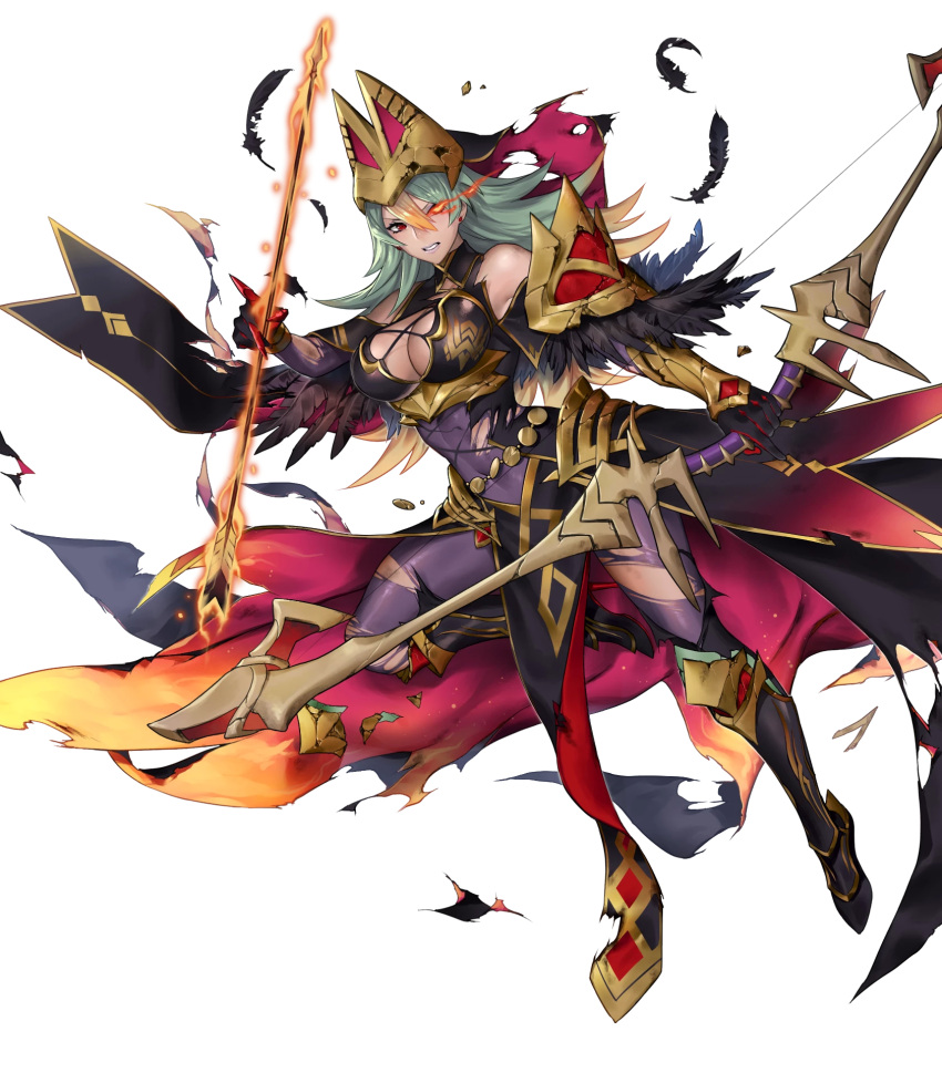 armor armored_boots arrow_(projectile) bare_shoulders bodysuit boots bow_(weapon) breasts broken_armor cleavage clenched_teeth dark_skin earrings feather_trim feathers female fire fire_emblem fire_emblem_heroes flaming_eye full_body gloves gold_trim gradient_clothes gradient_hair green_eyes hat high_heels highres holding holding_bow_(weapon) holding_weapon jewelry laegjarn_(fire_emblem) laegjarn_(flame_ascendant)_(fire_emblem) large_breasts leg_up lips long_hair looking_away makeup multicolored_hair non-web_source official_art orange_hair p-nekor pantyhose parted_lips purple_bodysuit purple_lips red_eyes shiny_clothes shoulder_armor sleeveless solo teeth torn_clothes transparent_background two-tone_hair weapon